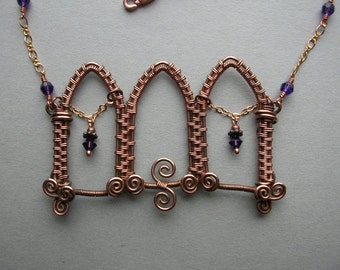 Gothic Triple Archway Woven Copper Necklace, Purple Crystals - by Silver Owl Creations