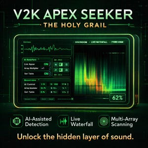 Könnte beinhalten: Digitales Interface mit dem Text "V2K APEX SEEKER" und "THE HOLY GRAIL". Der Bildschirm zeigt Datenvisualisierungen, einschließlich eines Live-Wasserfalls und KI-gestützter Erkennung. Der Text unten lautet "Unlock the hidden layer of sound."