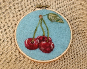 Cherries Needle Felted Embroidery Hoop Wall Hanging