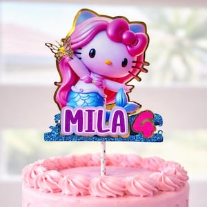 Adorno para pastel de Hello Kitty Sirena, nombre y edad personalizados, decoración para pastel de cumpleaños de niña, fiesta de sirena rosa, adorno para cupcakes
