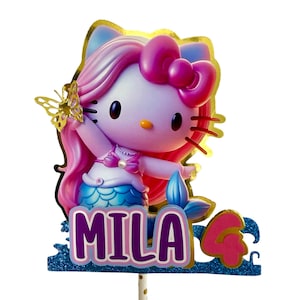 Hello Kitty Mermaid Cake Topper, Personalized Name & Age, Girl Birthday Cake Decoration, Pink Mermaid Party, Custom Cake Topper