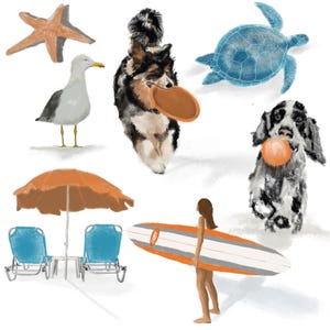 Adesivi digitali "Dog Days at the Beach" / Cani disegnati a mano, spiaggia, appunti, nastro washi per Goodnotes e planner digitali