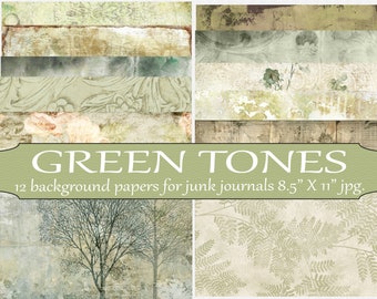 Digital Journal Pages - Background Pages Green Tones Digital Paper Printable Pages Junk Journal Paper 8.5x11