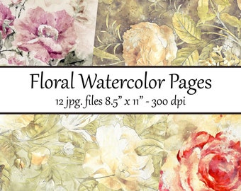 Digital Journal Pages - Background Pages Watercolor Florals 4 - Digital Paper Printable Pages Junk Journal Paper 8.5x11