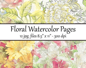 Digital Journal Pages - Background Pages Floral Watercolor Digital Paper Printable Pages Junk Journal Paper 8.5x11