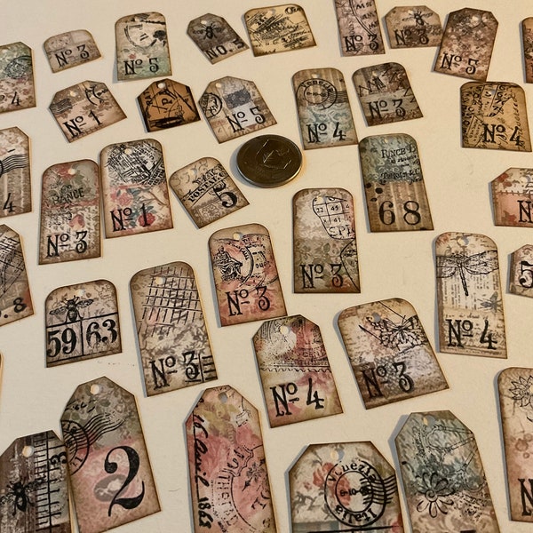 Lot Of 12 Tiny Hand Cut/Hand Stamped Tags - Junk Journal Embellishment - Dangle - Junk Journal - Tags