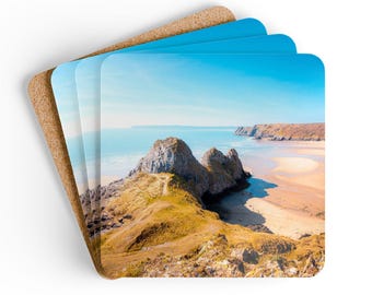 Three Cliffs Bay Wales Cork Coaster Set – 4 Pack