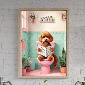 Funny Poodle Reading Toilet Print: Whimsical Bathroom Wall Art
