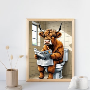 Highland Cow Sitting on the Toilet Reading a Newspaper, Funny Bathroom Wall Decor, Funny Animal Print, Home Printables, AI Digital Art