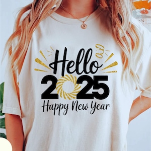 Hello 2025 Png, Happy New Year 2025 Png, Trendy New Years Eve Png, Black And Gold Sequins Glitter Faux Sparkly New Year Shirt Design Png