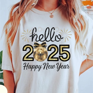 Hello 2025 Png, Happy New Year 2025 Png, Trendy New Years Eve Png, Black And Gold Sequins Glitter Faux Sparkly New Year Shirt Design Png