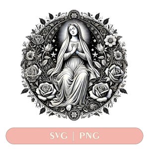 Mother Of Jesus Svg, Rose With Virgin Mary Png, House Of The Virgin Mary Svg, Virgin Mary Svg Black And White Prints T-Shirt Png