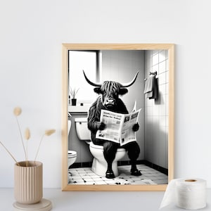 Highland Cow Sitting on the Toilet Reading a Newspaper, Funny Bathroom Wall Decor, Funny Animal Print, Home Printables, AI Digital Art