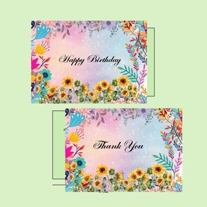 Cartão digital de feliz aniversário Wildflower - Cartão de agradecimento - Cartão para impressão e envelope Obrigado - Download instantâneo