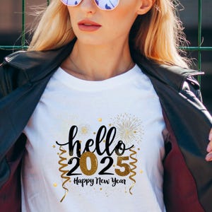 Hello 2025 Png, Happy New Year 2025 Png, Trendy New Years Eve Png, Black And Gold Sequins Glitter Faux Sparkly New Year Shirt Design Png