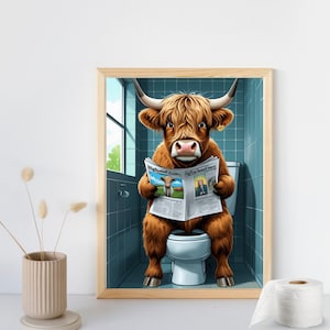 Highland Cow Sitting on the Toilet Reading a Newspaper, Funny Bathroom Wall Decor, Funny Animal Print, Home Printables, AI Digital Art