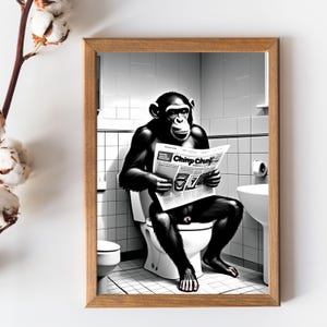 Funny Monkey Bathroom Print: Quirky Toilet Newspaper Art (Digital Art)