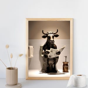 Highland Cow Sitting on the Toilet Reading a Newspaper, Funny Bathroom Wall Decor, Funny Animal Print, Home Printables, AI Digital Art