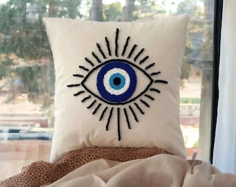 Handmade Evil Eye Punch Embroidered Linen Cushion Cover with Throw Pillows,Handmade Nazar Linen Cushion Cover with Evil Eye  Throw Pillow