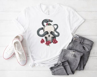 Skull t-shirt- Skull and Snake T-shirt- Funny shirt- Black and While colors T-shirt