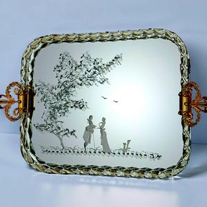 Vintage Murano glass tray, 1980s. Torch-shaped frame, home decor, Hollywood Regency, luxury table, lady and knight.