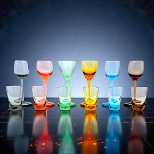 Può includere: Una collezione di vetreria colorata, tra cui calici da vino con stelo e bicchieri corti. I bicchieri sono nelle tonalità trasparente, rosa, verde, giallo, blu e marrone. La vetreria è disposta su una superficie nera riflettente.