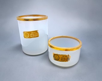 Coppia Contenitori in Vetro di Murano Opalino Bianco, Vetro Veneziano