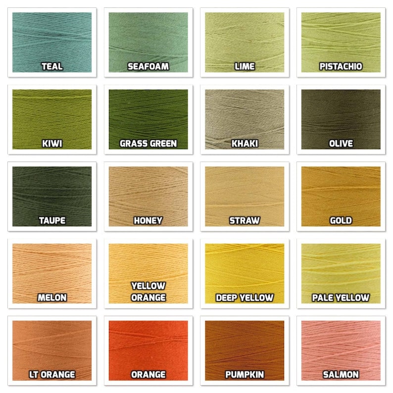 Puede incluir: Una carta de colores de 20 tonos diferentes de hilo, incluyendo turquesa, verde mar, lima, pistacho, kiwi, verde hierba, caqui, oliva, topo, miel, paja, oro, mel&oacute;n, naranja amarillo, amarillo intenso, amarillo p&aacute;lido, naranja claro, naranja, calabaza y salm&oacute;n.