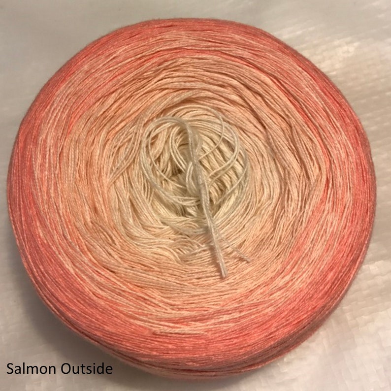 GT 3-stranded 100g gradient tied cotton light fingering Georgia Afternoon Salmon Outside