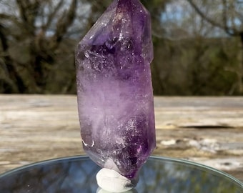 May include: A large, raw amethyst crystal with a pointed top. The crystal is a deep purple color with lighter, translucent areas. It is mounted on a small, white base and sits on a reflective surface, with a blurred natural background.