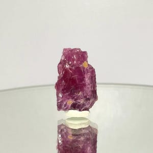 May include: A rough, uncut, deep pink gemstone with a crystalline structure. The gem has an irregular shape and is set against a white background. Small flecks of yellow are visible on the surface. The stone is reflected in the surface below.