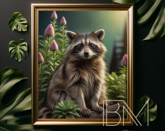 Launischer Waschbär in einem dunstigen Wald Botanische Wandkunst Bezauberndes Wildtierdekor für Naturliebhaber Blumenbotanisches Tier druckbare digitale Kunst