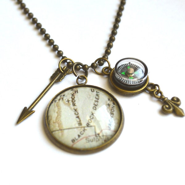 Black Rock Desert Map Necklace  BRD  Steampunk  Nevada Map  Pendant Choice  From a Vintage 1952 Map
