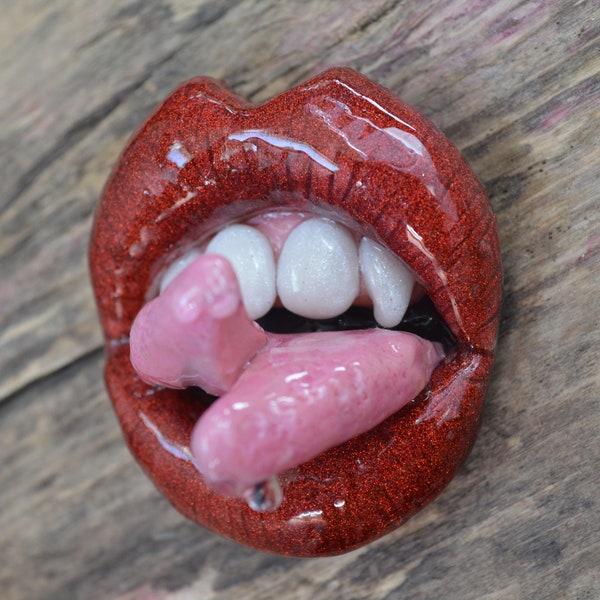 Lip Brooch Magnet  Red Glitter Mouth  Pin  Vampire Fangs   Split Tongue  Goth  Lip Jewelry   Wearable Art