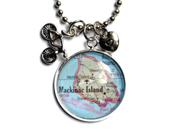 Mackinac Island Map Necklace: Vintage Travel Jewelry, Bicycle Charm