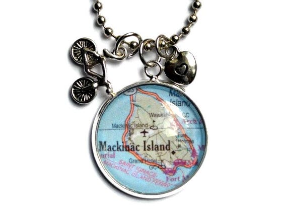 Mackinac Island Map Necklace: Vintage Travel Jewelry, Bicycle Charm