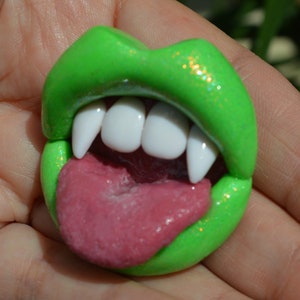 Lip Brooch  Apple Green Vampire Mouth  Pin  Purse Charm  Goth Jewelry  Surrealism  Wearable Art