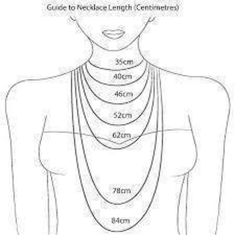 May include: A guide to necklace lengths in centimeters, illustrated with a woman wearing necklaces of different lengths, ranging from 35 cm to 84 cm.