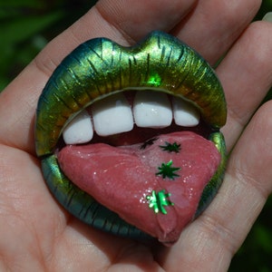 Lip Brooch  Shiny Green Leaf Mouth  Pin  Magnet Goth Jewelry  Surrealism  Wearable Art