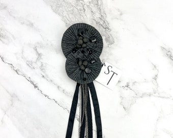 Gray and Black Pleated Double Circular Brooch JWY00035