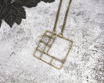 Antique Brass Welded Grid Square Long Necklace