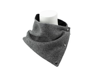 Gray and Black Wool Twill Snap Scarflette Cowl