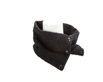 Black Wool Basket Weave Narrow Snap Scarflette Cowl