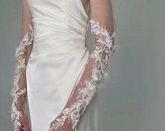 Gants de mariée en dentelle avec embellissement floral 3D Mitaines longues en dentelle avec manches de mariée, robe de mariée, gant, manches amovibles, robe de mariée, gant