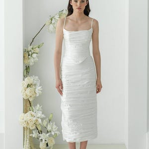 Pleated Satin Ivory Midi Bridal Dress | Elegant Wedding Dress for Ceremony & Reception | NOEMI