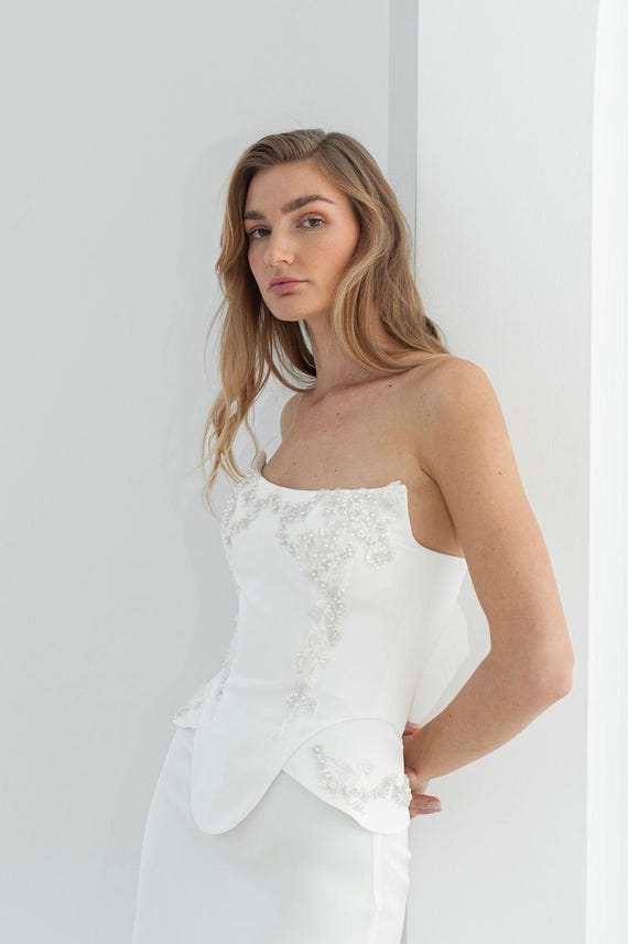 Ivory Satin Bridal Corset Top Lace-up 3D Lace Decorated Wedding