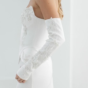 Detachable Wedding Dress Sleeves | Lace Satin Bridal Sleeves | Ivory Sleeves with Lace Details for Bride | HAZEL Sleeves