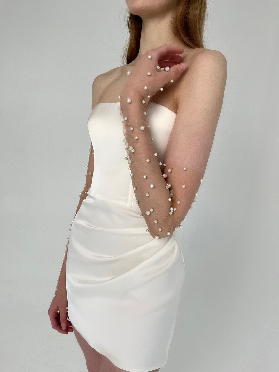 Pearl Long Tulle Gloves Bridal Fingerless Pearl Gloves for Bride Pearl ...