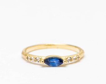 Delicate marquise cut Montana sapphire ring with white sapphires in gold -10k-14k -18k