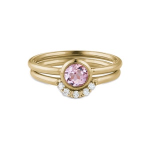 Pink Tourmaline bezel set engagement ring with matching diamond wedding band in 10k-14k-18k yellow gold, white gold, rose gold
